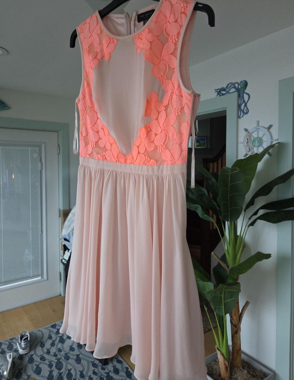 Ted Baker Blush Chiffon Dress with Coral Floral Appliqué